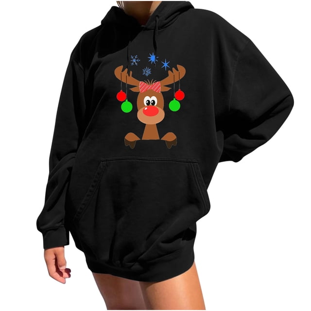 Sudadera estampada con capucha retro de manga larga suelta de Navidad para mujer con mangas caídas en los hombros Pompotops gfhjh12841