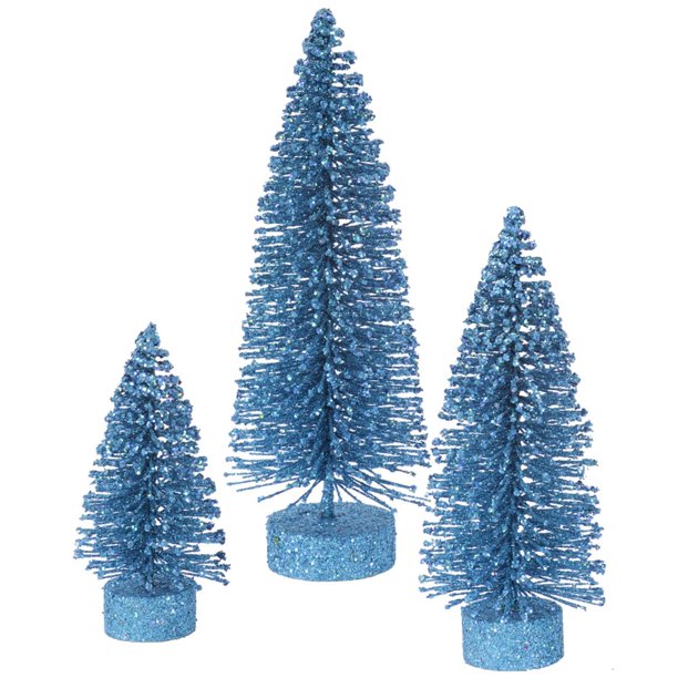Set Of 3 Turquoise Glittered Bottle Brush Artificial Christmas Tree Decorations Walmart Com Walmart Com