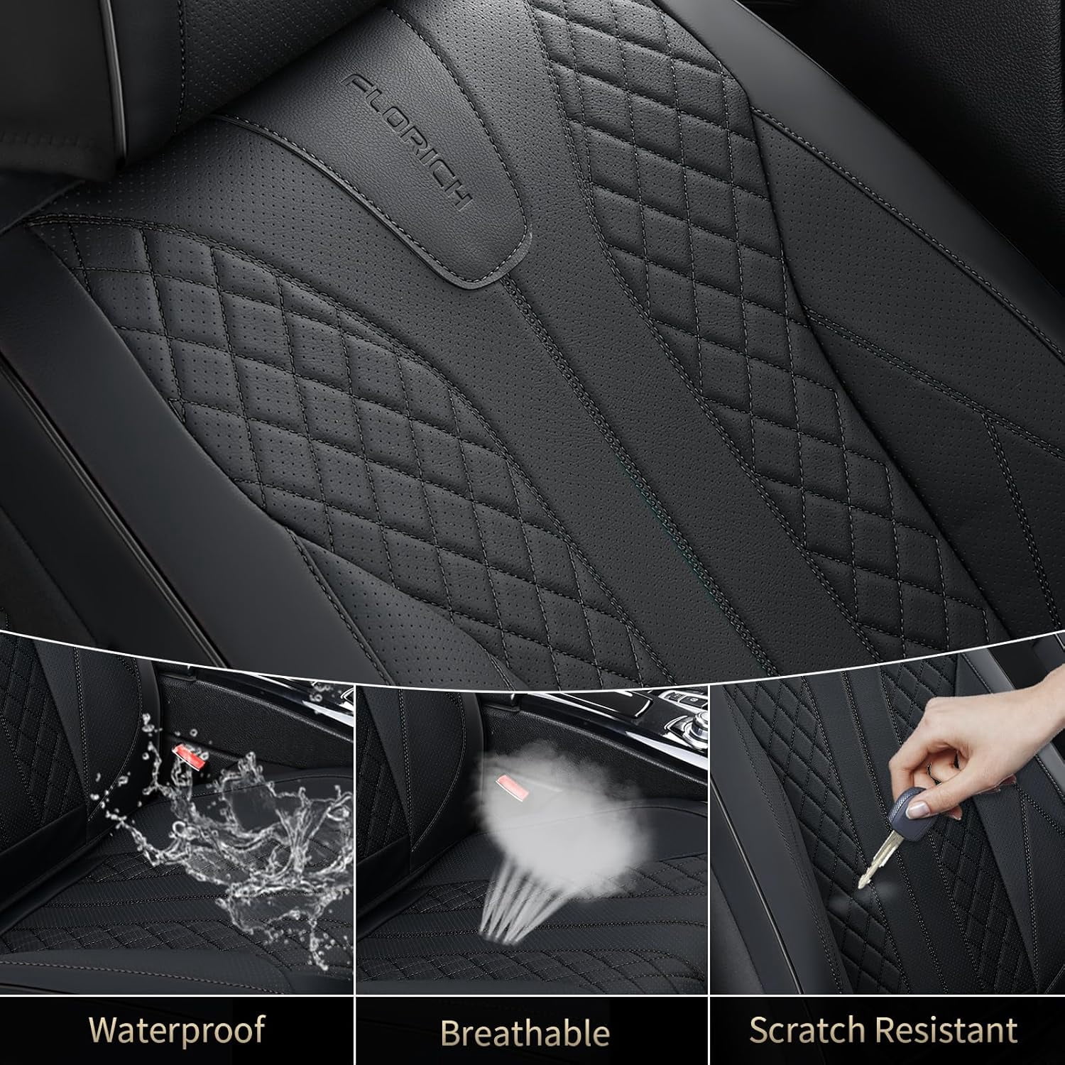 FLORICH Front Pair Car Seat Covers, Premium Faux Leather Seat Protectors, Breathable Material Cushions Universal Fit for Most Cars, Black