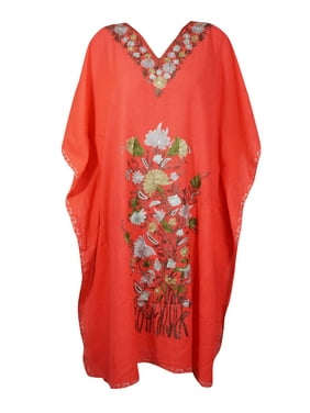 Mogul Women Coral Red Embellished Kaftan Dress Floral Embroidered Kimono Sleeves Resort Wear Housedress One Size