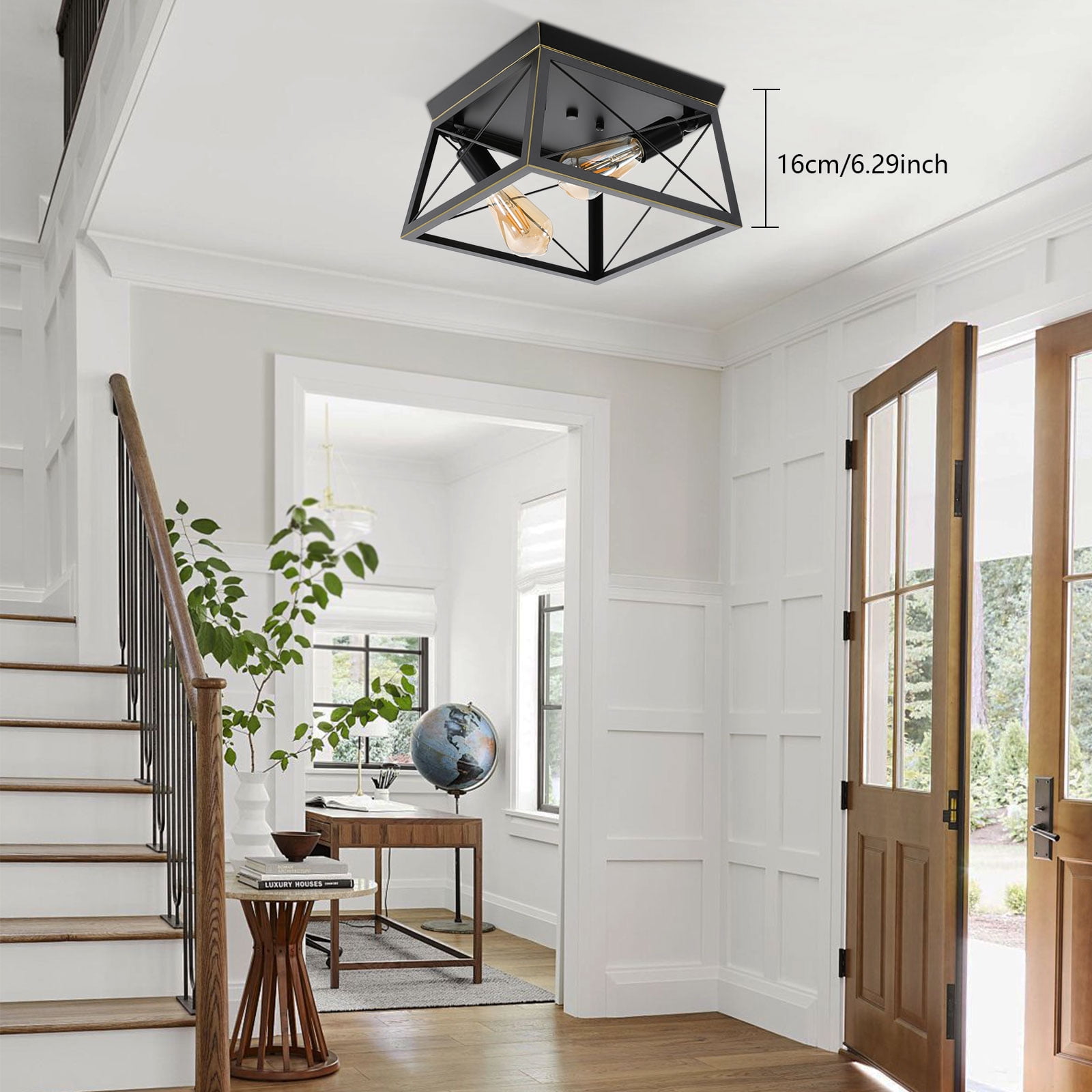 Industrial Flush Mount Ceiling Light Fixture, Ceiling Light 2-Light Close to Ceiling Lamp Metal Housing Farmhouse Square Flush Light Fixture for Hallway Bedroom