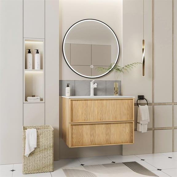 KPUY 32" Pre-Assembled Floating Bathroom Vanity Cabinet with Sink with 2 Fluted Drawers, White Stone Top, Wall-Mount Design, Natural Wood Color