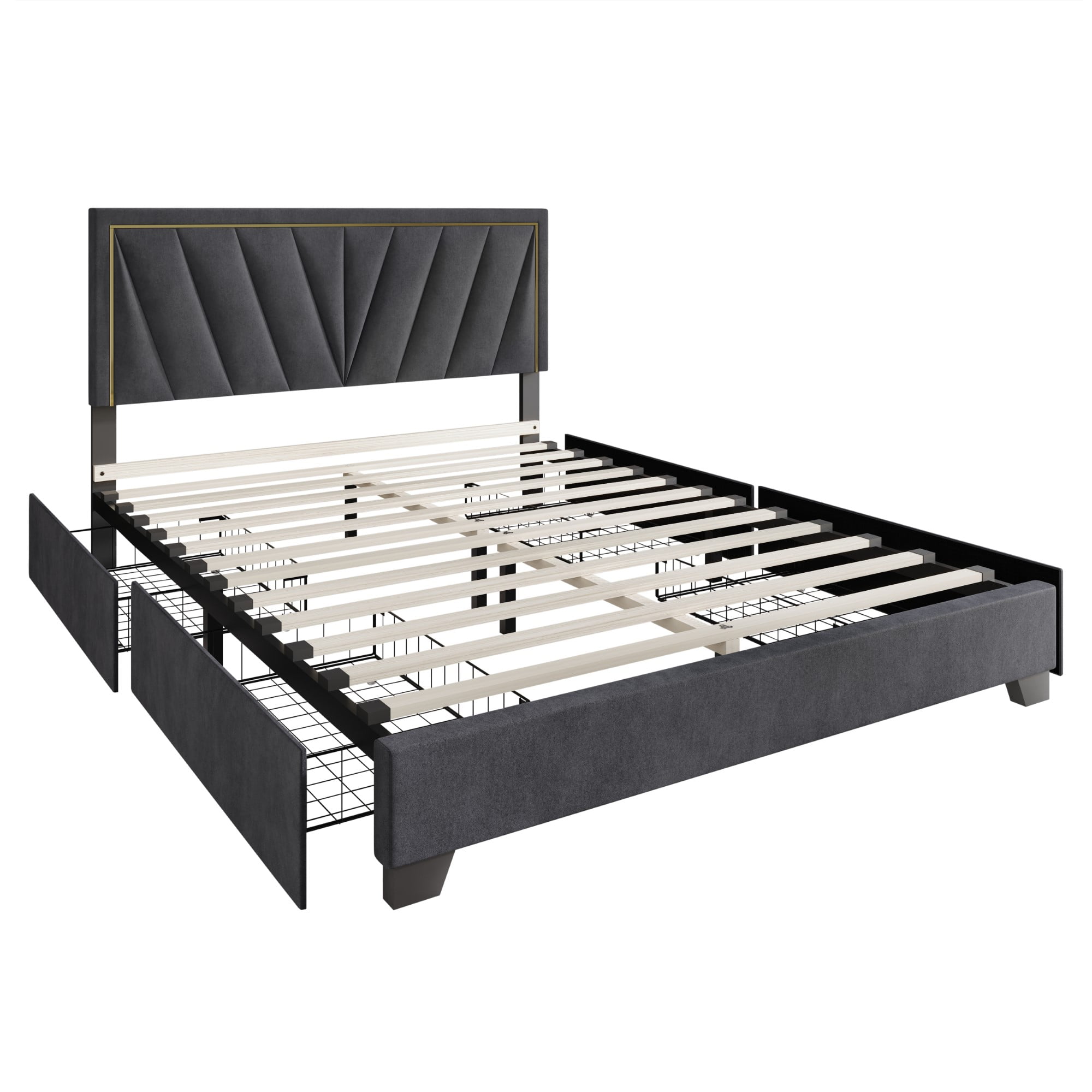 Home Design Valdez Full Upholstered Storage Platform Bed Frame with Gold Aluminum Trim and Four Under-Drawers, Dark Gray, Easy Assembly