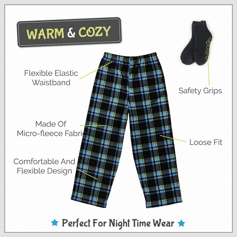 Mad Dog Concepts 2-Pack Boys Pajama Pants - Soft Fleece PJ Bottoms for Kids  - Plaid Lounge Pants with Slipper Socks Y Blue / Black Plaid 