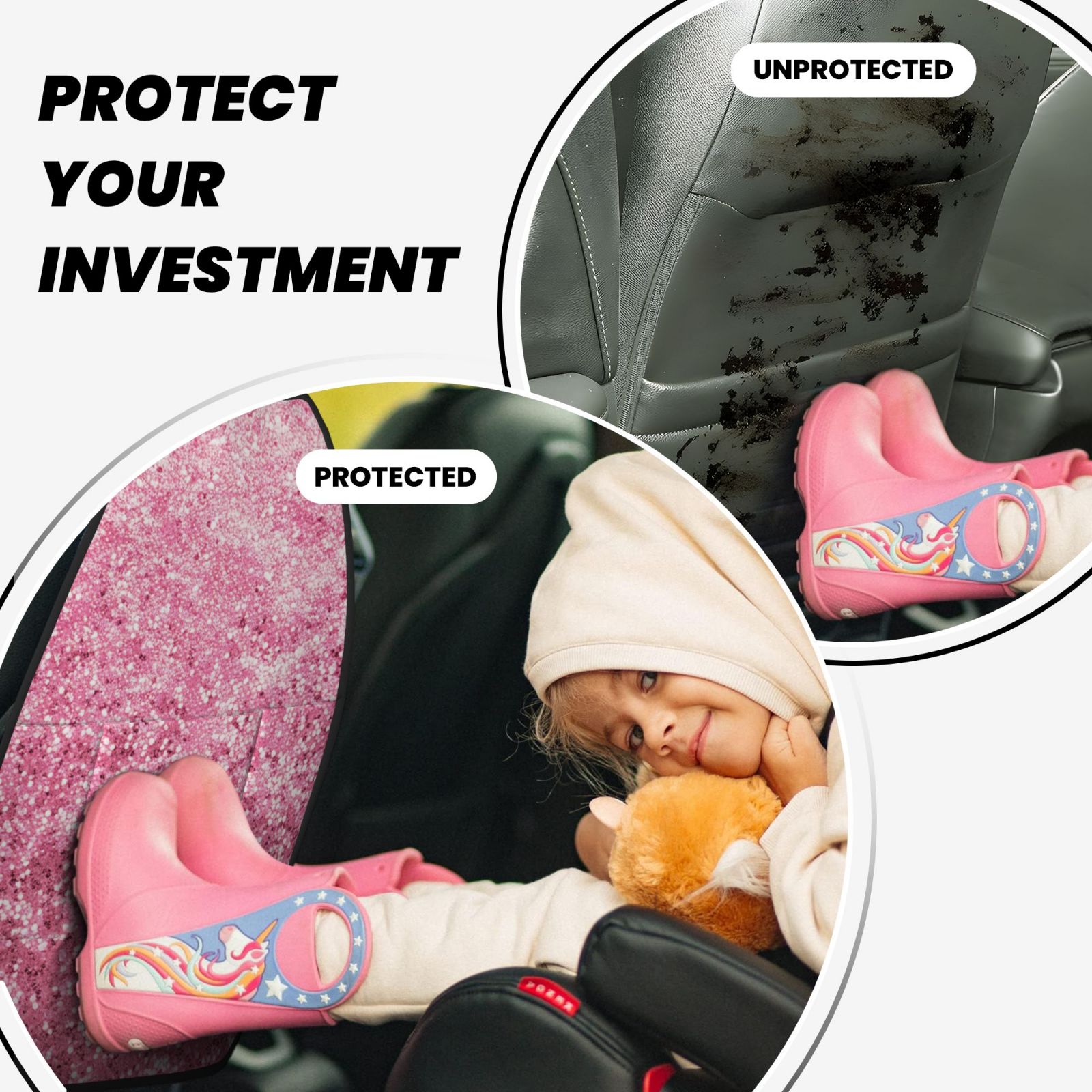 Kdxio Pink Glitter Print 2 Pack Car Kick Mat Seat Cover Back Protector Mat with Pockets for Organizer Backseat Protector and Storage Anti Kick Pad for Vehicles