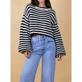 thumbnail image 5 of Women'S Vintage Striped Sweater Crew Neck Long Sleeve Cropped Color Block Casual Loose Knit Pullover Top Black M, 5 of 9
