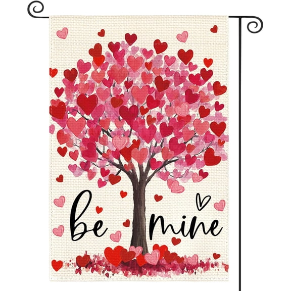 Be Mine Valentines Day Garden Flag 12x18 Inch Double Sided Outside, Love Heart Tree Romantic Anniversary Yard Outdoor Flag