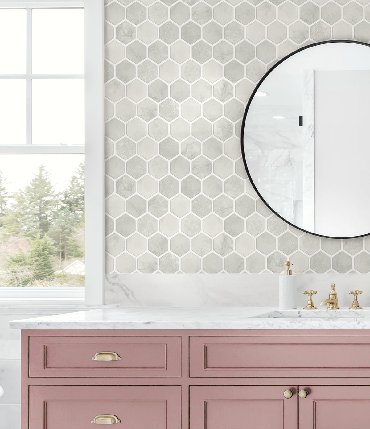 NextWall Cream Neutral Inlay Hexagon Peel and Stick Wallpaper