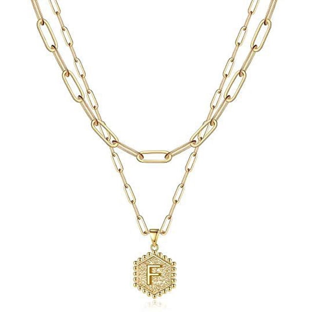Collar con colgante de 26 letras en varias capas, tendencia hexagonal, cadena de cuello de clavícula femenina que combina con todo
