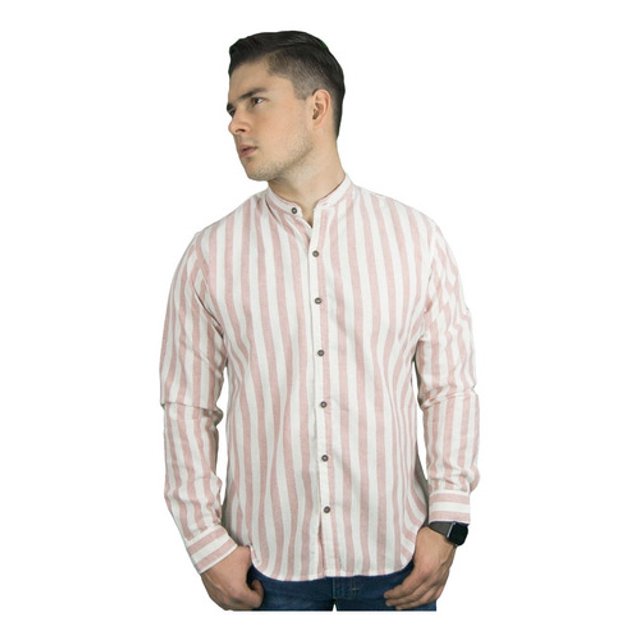 Camisa Casual De Hombre Manga Larga Rayas Cuello Mao Chili Beans Rosa Ropa de hombre T M