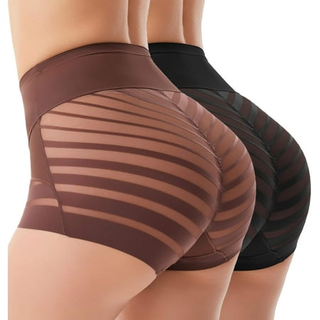 MANIFIQUE 2 Packs Shapewear Tummy Control Panties for Women Seamless Stripe Lace Body Shaper Underwear Slim Panty