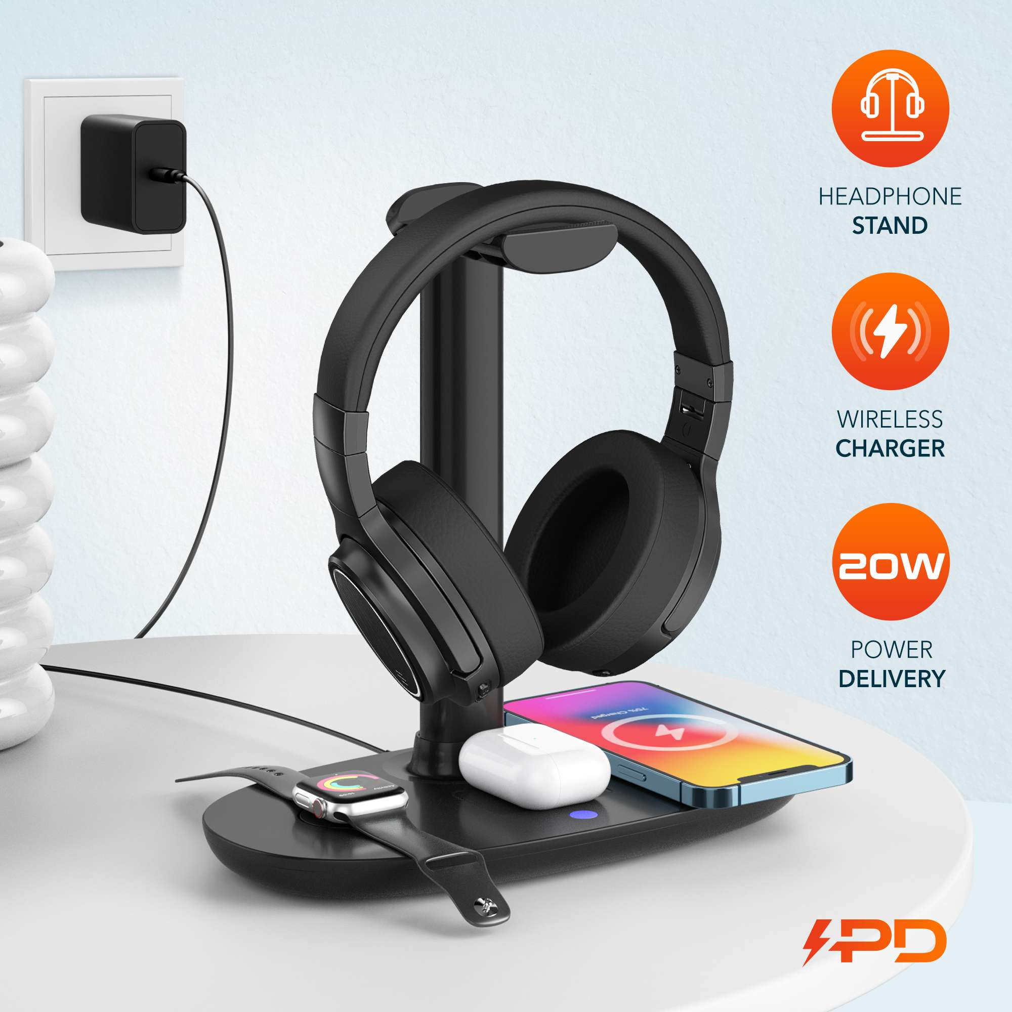 Delton M101 Wireless Computer Headset And Qi Charging Stand, Bluetooth headphones with Noise Cancelling Mic, Headset Stand Charging Station Support 20W Fast Charging