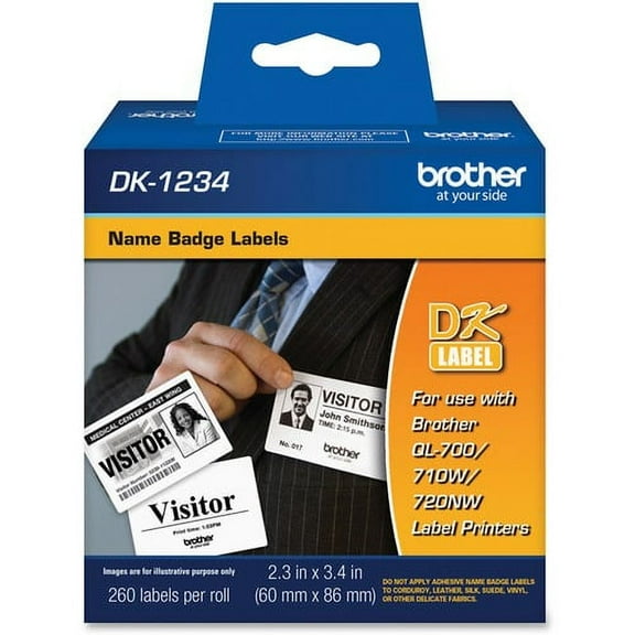 Brother DK1234 - Adhesive Name Badge Labels - 2.36" Width x 3.39" Length - Rectangle - Direct Thermal - White - Paper - 260 / Roll | Bundle of 2 Rolls
