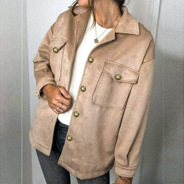EGNMCR Veste à Manches Longues pour Femmes, Manteau Décontracté Sans Capuche à Manches Longues & Vestes d'Hiver pour Femmes avec Col à Revers et Boutons, Trench-Coat Long, Manteau pour Dames, Manteau pour Femmes