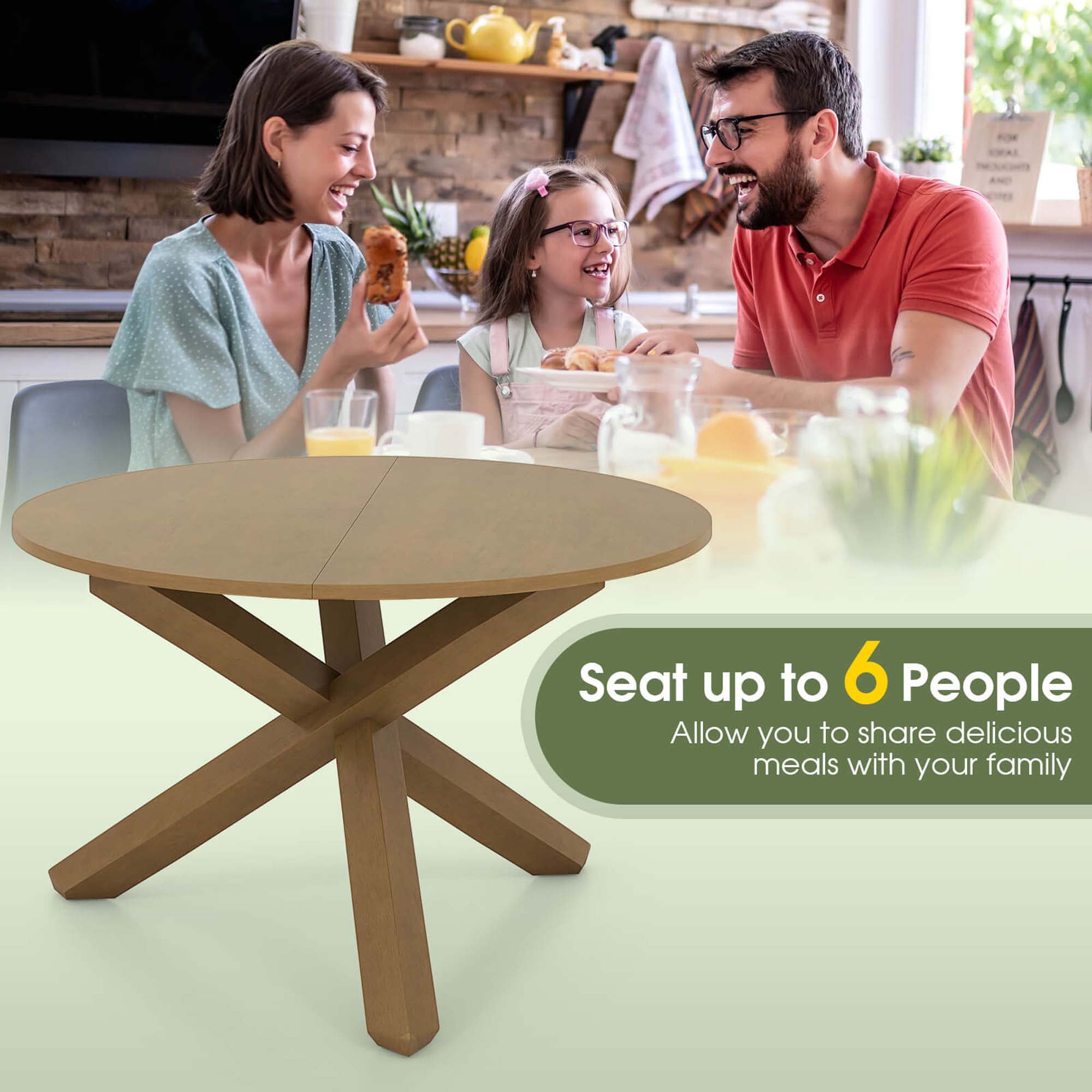 Costway 47" Round Dining Table with Solid Acacia Wood Legs for 4-6 Person for Kitchen