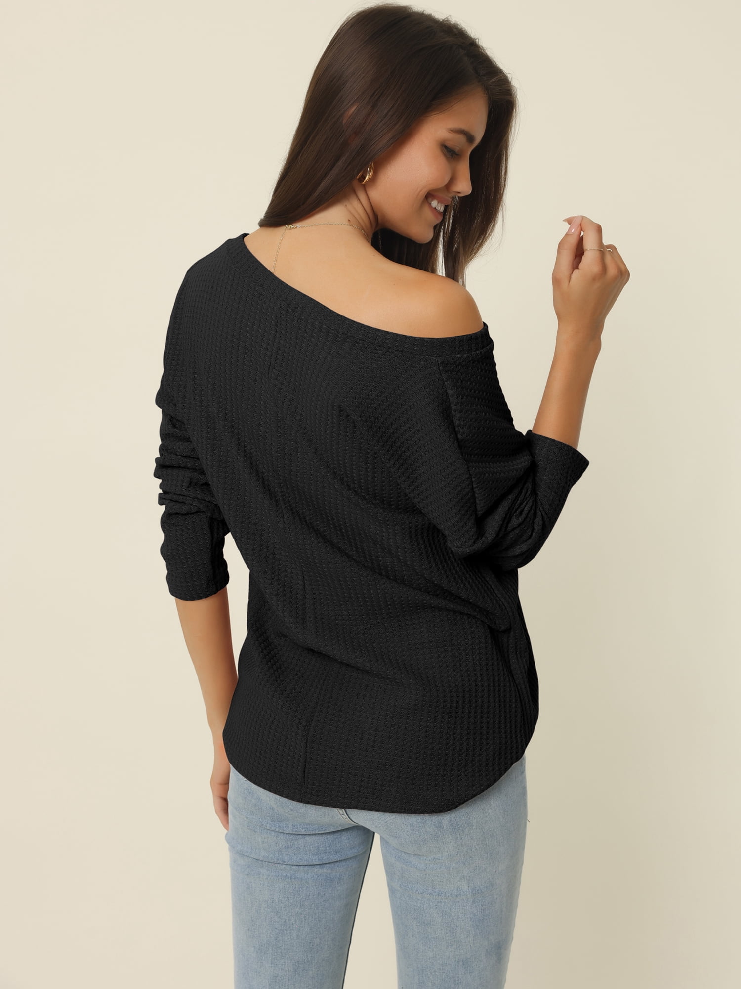Women's Waffle Knit V Neck Long Sleeve Casual Blouse Lightweight Top XL Black