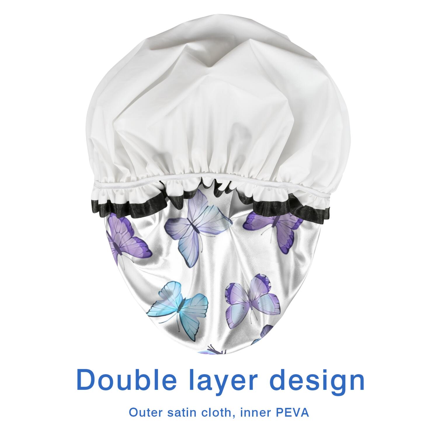 Shower Caps,White Blue Purple Butterfly Pattern Waterproof Shower Cap for Women 4 Pieces,Double Reusable Hair Cover for Shower PEVA Elastic Stretch Hem