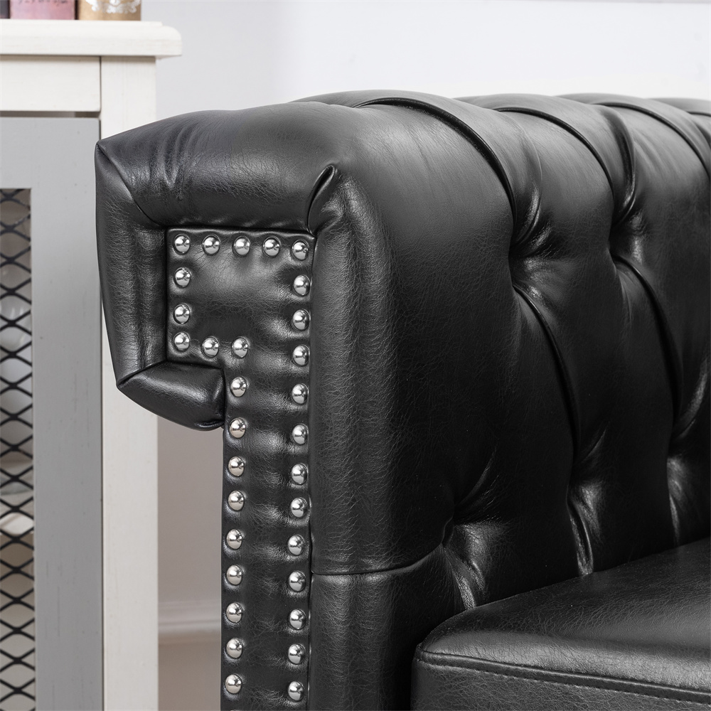 Chesterfield Luxury Leather 1 Seater Single Sofa Couch, Mid-Century Modern Couch Sofa with Removable Cushions and Rubber Wood Legs for Living Room Bedroom Apartment Black