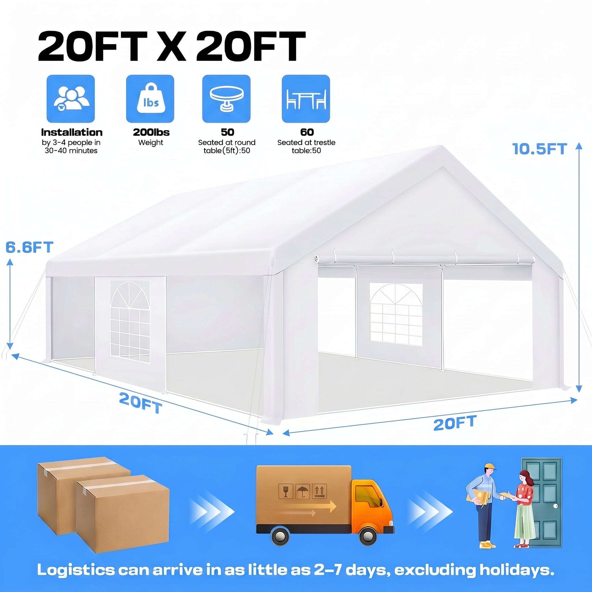 HOTEEL 20x20ft Heavy Duty Party Tent, Commercial Outdoor Canopy Wedding Tents for Parties with 6 Sidewalls & Built-in Sandbags, Waterproof Outdoor Canopy, White