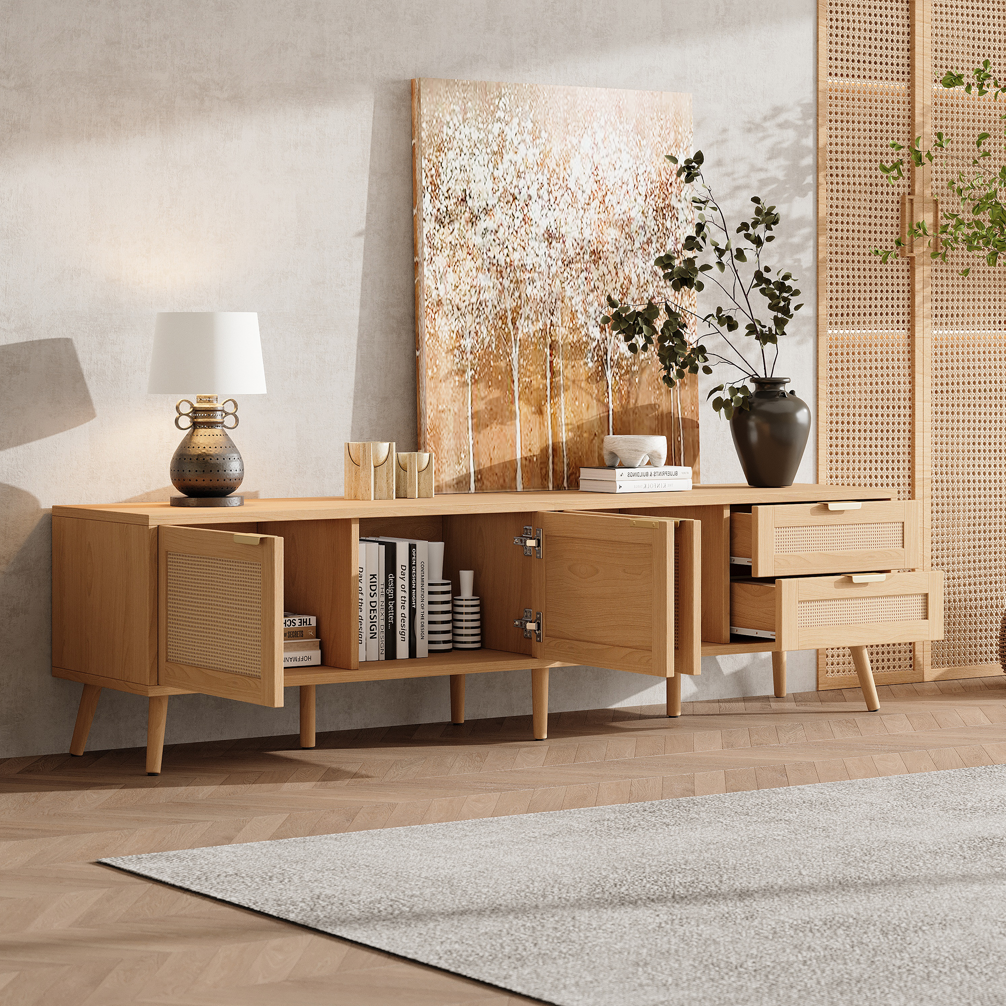 TV Stand for TVs up to 80 Inch, Rattan Entertainment Center with 2 Drawers & Storage Cabinets, Media Console with Solid Wood Legs for Living Room