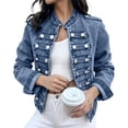 thumbnail image 2 of Yuaguia Women's Vintage Military-Style Denim Jacket, Double-Breasted Button Front Crop Coat with Stand Collar, Soft Stretchy Long Sleeve Jeans Outerwear for Fall Fashion & Daily Wear, Blue L, 2 of 5