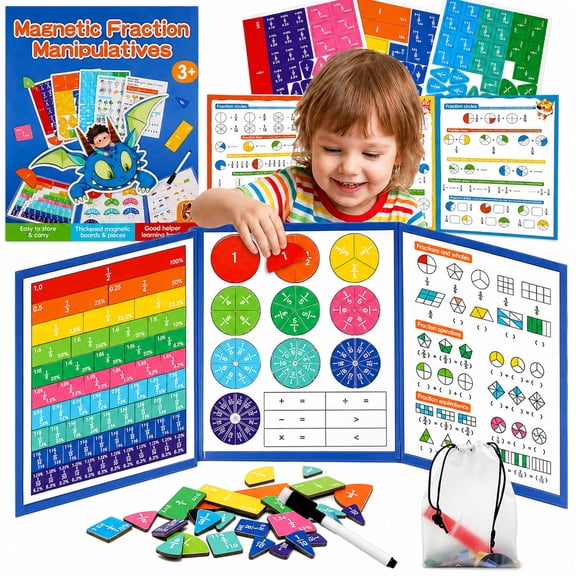 Desiso Magnetic Math Educational Puzzle for Grade 3-5, Fraction Tiles & Circles Set with Dry Erase Board Pen - Montessori Math Manipulative Homeschool Supplies Gift Ages 5-10