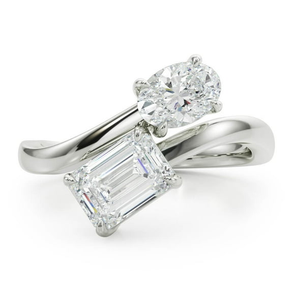 Lina Jewel 2.24 Ct Emerald Cut Bypass Engagement Ring - 2 Stone Toi Et Moi Wedding Ring for Women - Lab-Created Simulated Diamond - 14K White Gold Plated - Ideal Proposal or Anniversary Gift for Her