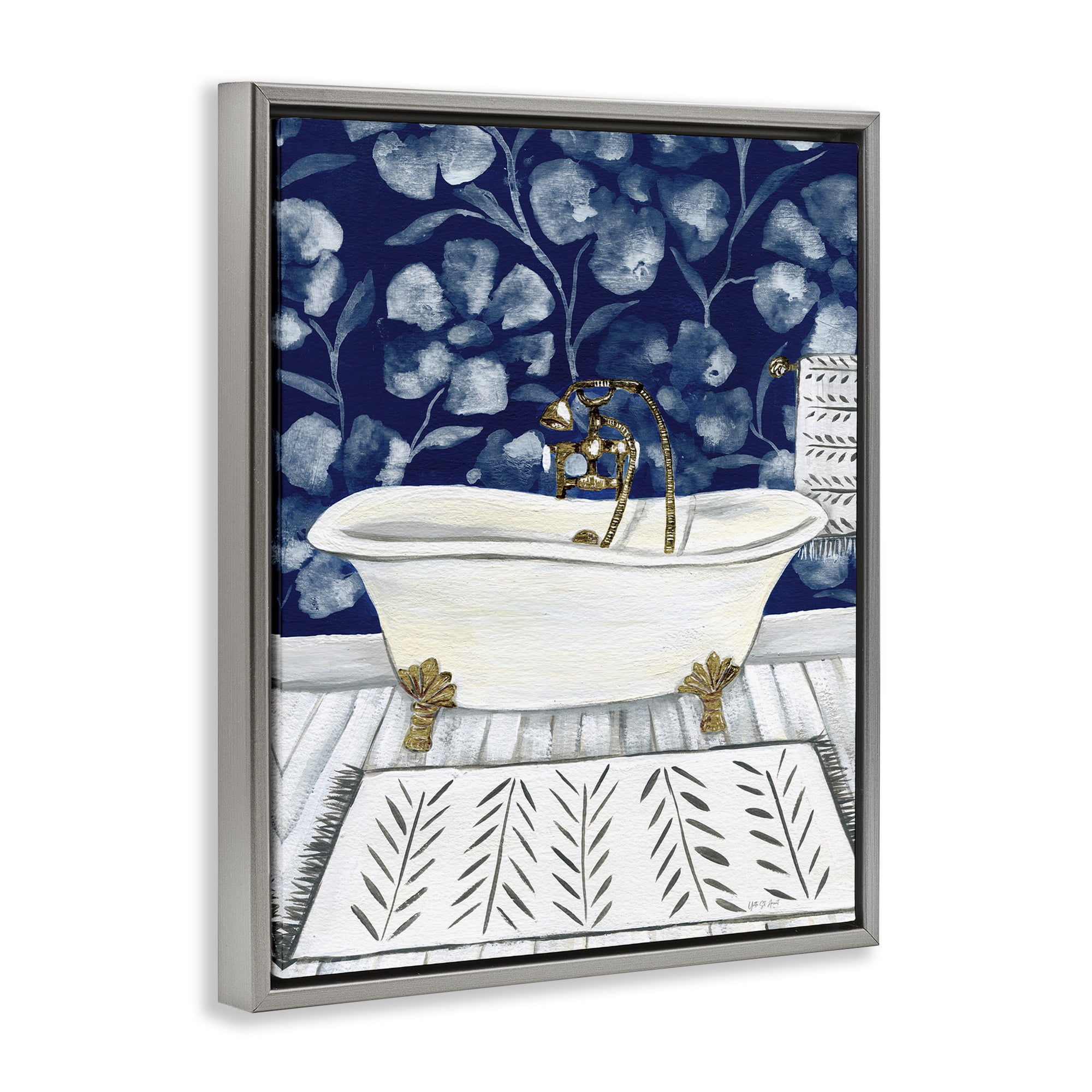 Stupell Industries Bold Blue Bathtub Typography Painting Gray Floater Framed Canvas Art Print Wall Art, 17 x 21