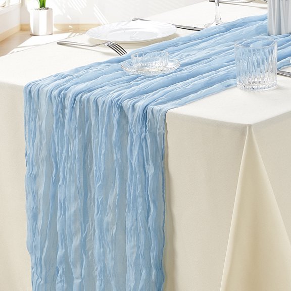 SUNTQ 4 pack Cheesecloth Table Runners,10FT Gauze Boho Cheese Cloth Table Runner for Wedding, Bridal Shower, Rustic Sheer Runner for Fall Thanksgiving Christmas Table Decoration,Light Blue