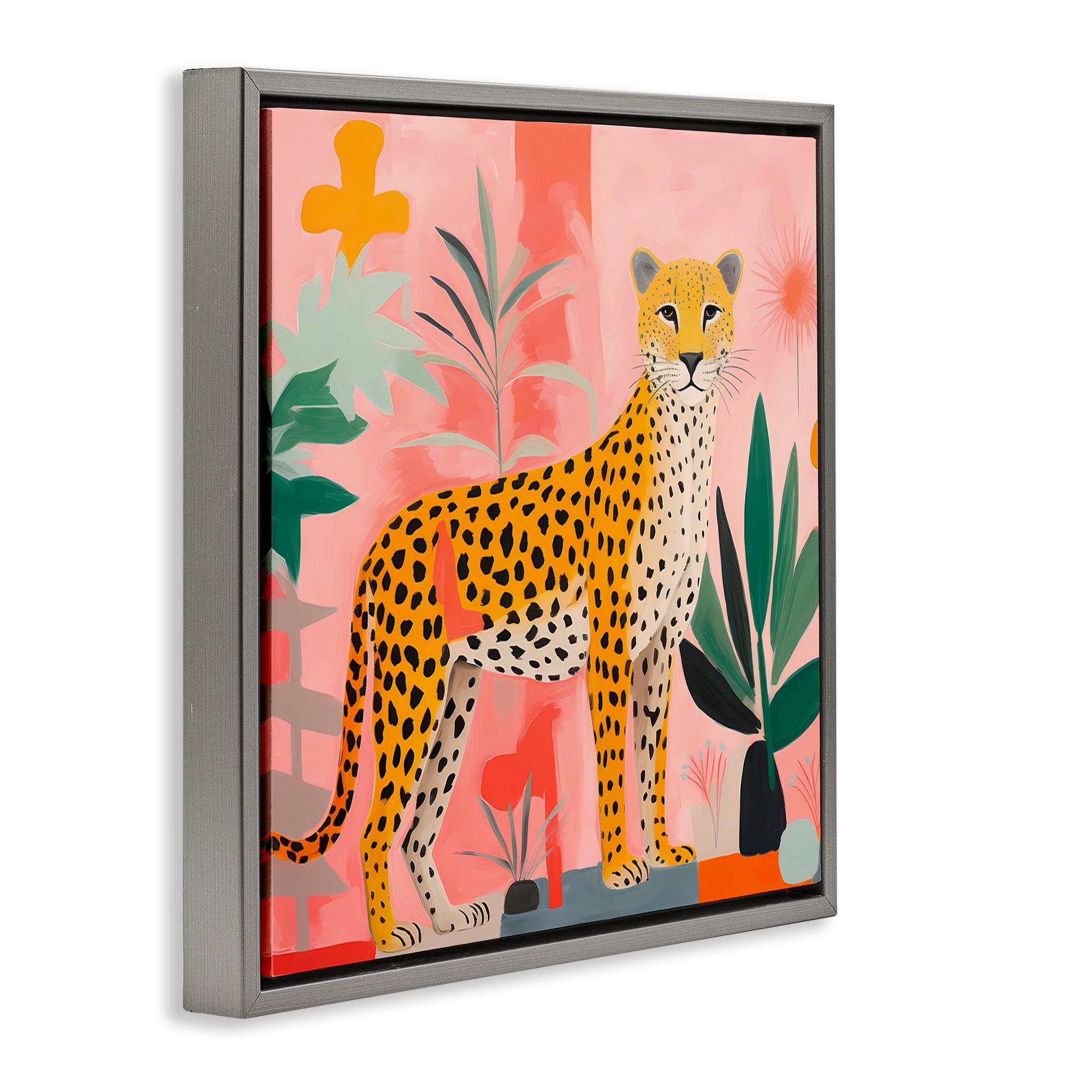 Stupell Industries Standing Leopard & Plants Animals & Insects Painting Gray Floater Framed Canvas Art Print Wall Art, 18 x 18