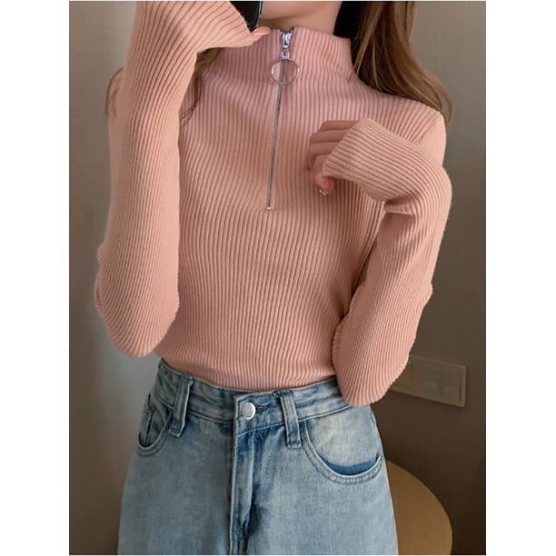 Suéter de cuello alto con cremallera para mujer, jersey de punto, cuello alto, básico, para otoño e invierno, ajustado, color negro, 2024