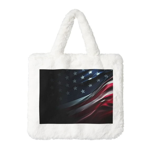 Yiaed American Flag Waving Print Print Fluffy Shoulder Bag Plush Bags Women Ladies Tote Bag Fluffy White Furry Purse Handbag for Autumn and Winter