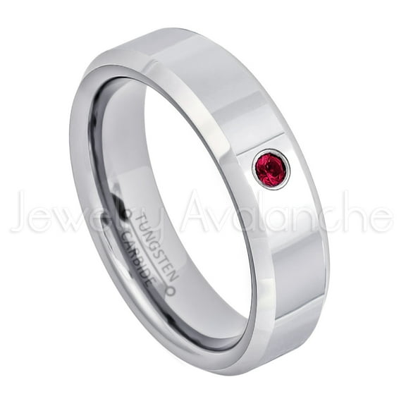 6mm Ladies Polished Beveled Tungsten Ring - 0.07ct Solitaire Ruby Ring - Personalized Tungsten Wedding Ring - Custom Made July Birthstone Ring TN048BS