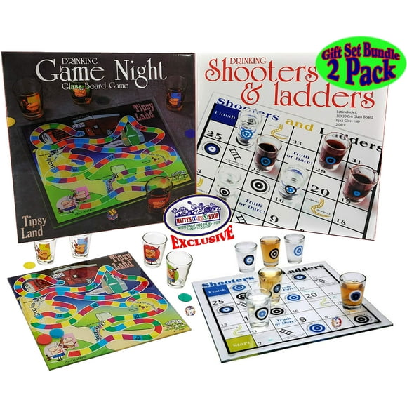 Mattys Toy Stop Deluxe Drinking Games Tipsy Land and Shooters Ladders Gift Set Bundle 2 Pack Includes Glass Boards Shot Glasses Dice