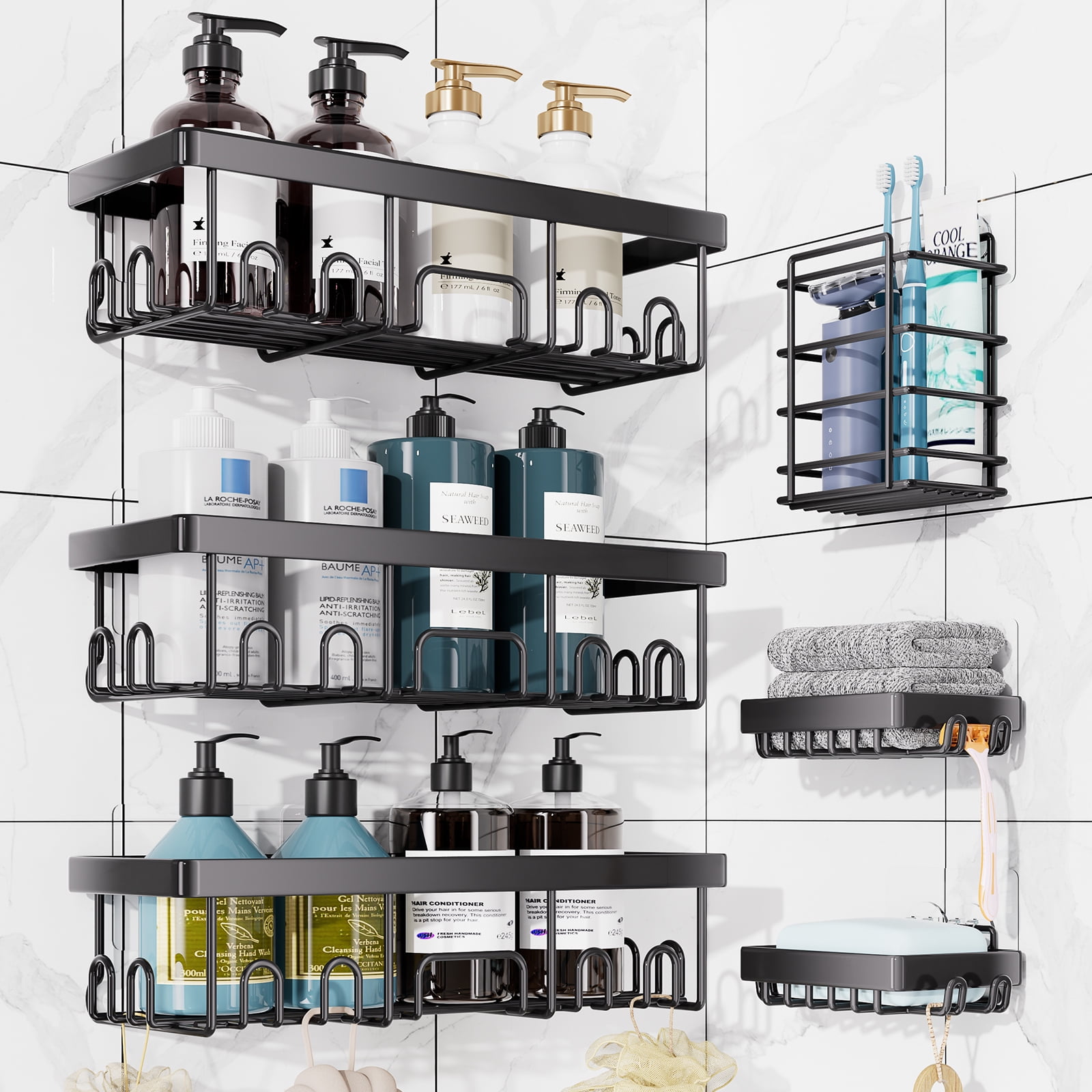 Ophanie Adhesive Shower Caddy 6 Count, Large Capacity Bathroom Organizers and Storage, No Drilling Wall-Mounted Basket, Black