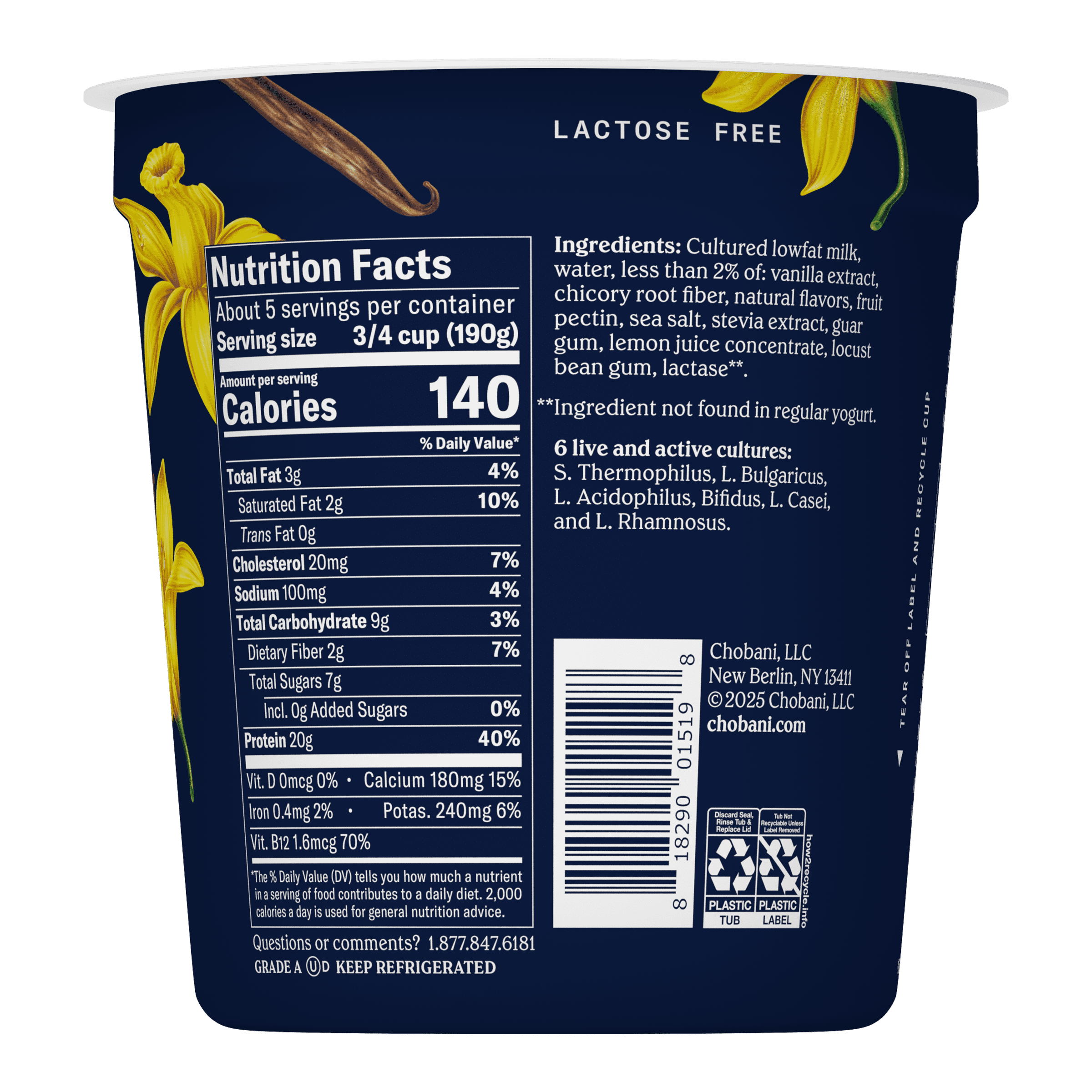 Chobani 20G Protein Low-Fat Greek Yogurt Vanilla 32oz Tub