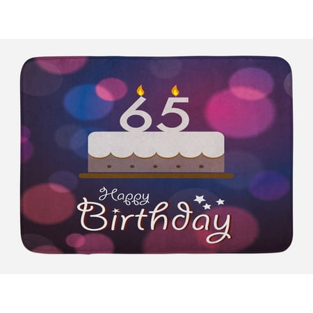 65th Birthday Bath Mat, Birthday Ceremony Artwork with Cake Hand Writing Calligraphy Best Wishes, Non-Slip Plush Mat Bathroom Kitchen Laundry Room Decor, 29.5 X 17.5 Inches, Blue Pink White,