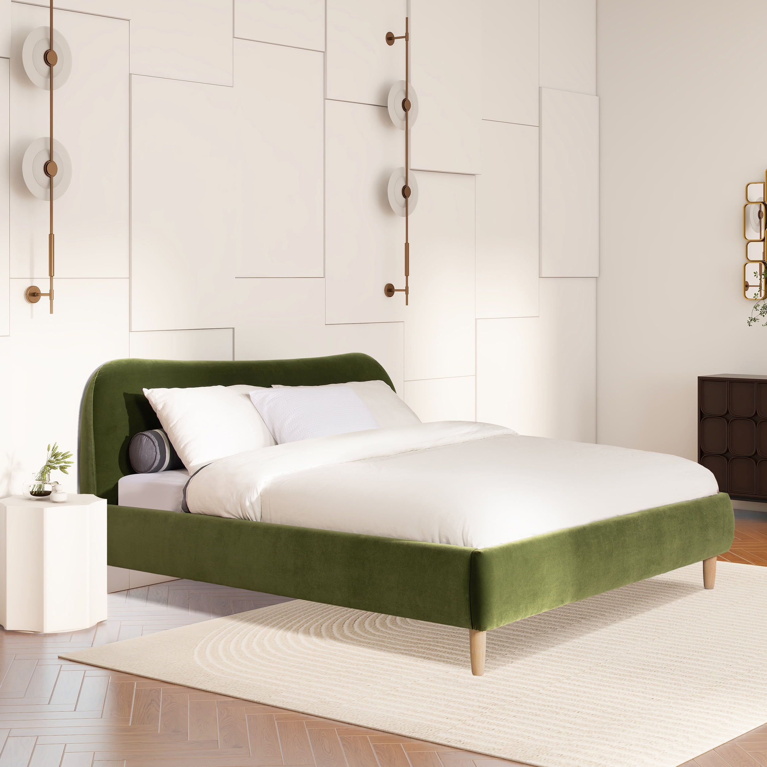 Jennifer Taylor Home Roman Curved Headboard Upholstered Platform Bed, King, Olive Green Performance Velvet