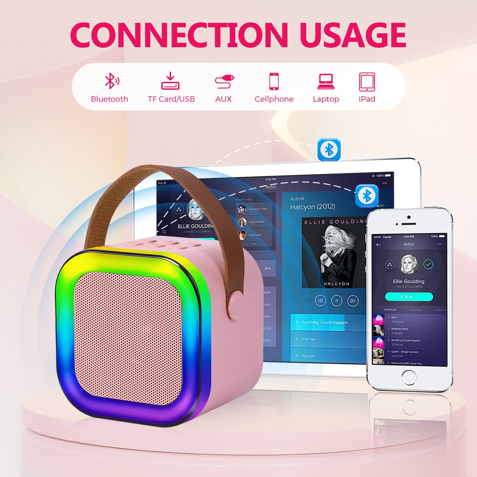 JELLOO Mini Karaoke Machine Portable Bluetooth Speaker with 2 Wireless Mic for Kids, Karafun Premium Songs for All Ages, Christmas Birthday Gifts for Girls Boys