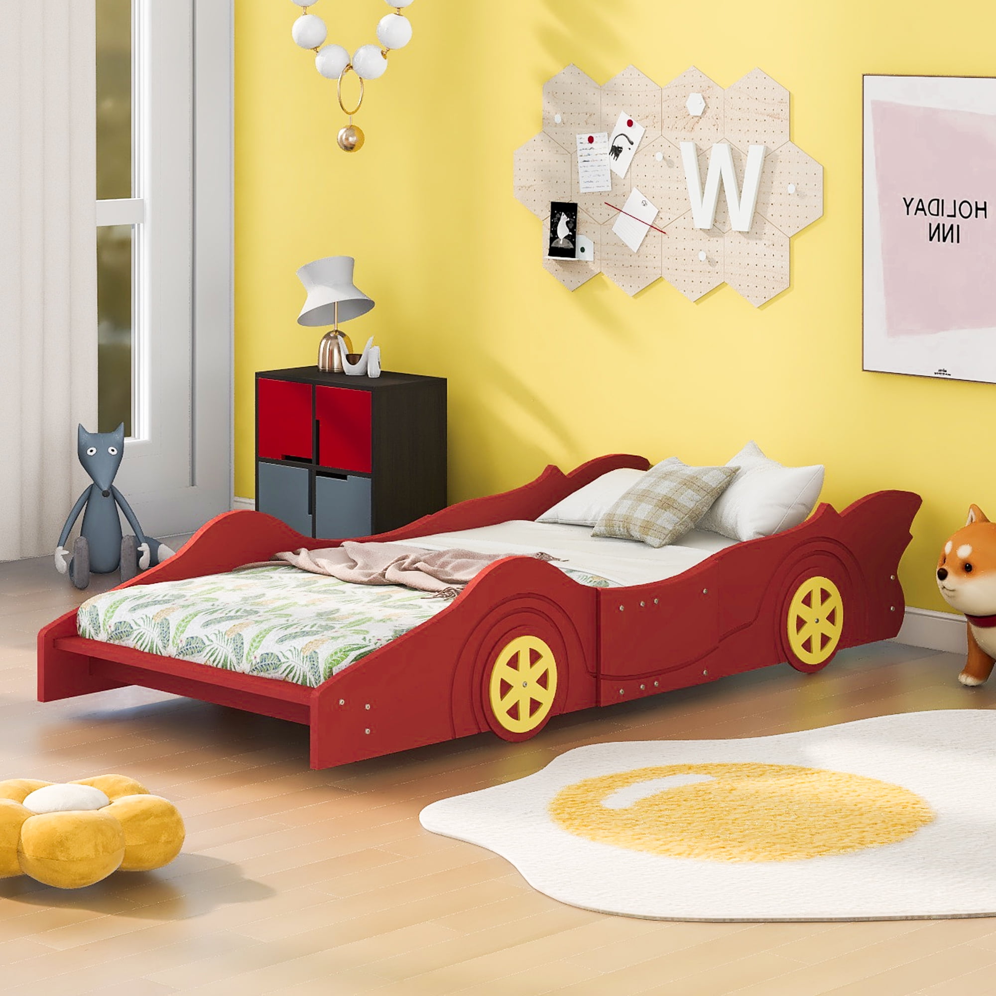 Solid Wood Race Car-Shaped Platform Bed with Wooden Slats, Bed with Wheels, Platform Bed with Headboard and Footboard, No Box Spring Needed (Red,Twin)