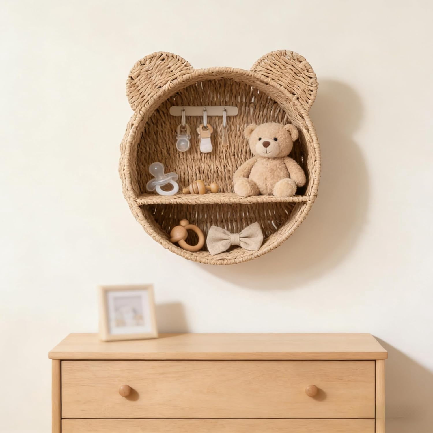 12.6-inch Bear Rattan Shelf, Handwoven Wicker Rack Round Shelf for Wall, Wall-Mounted Floating Display Shelf Organizer for Small Books, Toys & Decor
