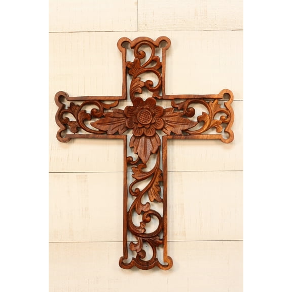 16" Wooden Hand Carved Lotus Flower Cross Wall Plaque Relief Panel Hanging Sculpture Handcrafted Gift Art Home Decor Accent Decoration Handmade