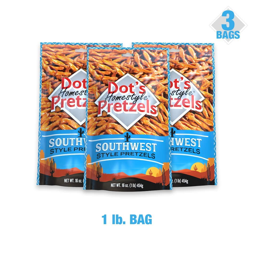 Dot's Homestyle Pretzels 1 lb. Bag (3 Bags) SOUTHWEST 16 oz. Unique Seasoned Pretzel Snack Sticks
