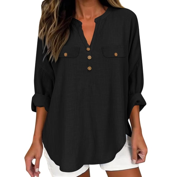 FAVIPT Women's Long Sleeve Cotton Tops Rolled Up Gauze Casual Shirts Curved Hem Henley V Neck Tees with Chest Pocket Black,S
