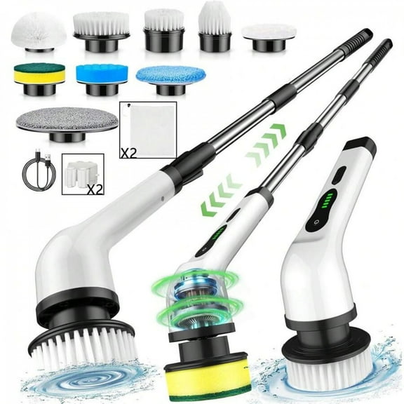 2025 Electric Rotary Scrubber, Rechargeable Cleaning Brush, Shower Scrubber With 9 Brush Heads, 2H Power 2-Speed, Adjustable Extended Handle, IPX7 Waterproof For Tubs Tile Floors Cars, White Easter Gi