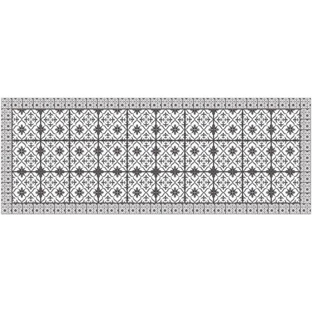 2' X 5' Dark Gray And White Tile Printed Vinyl Area Rug with UV Protection
