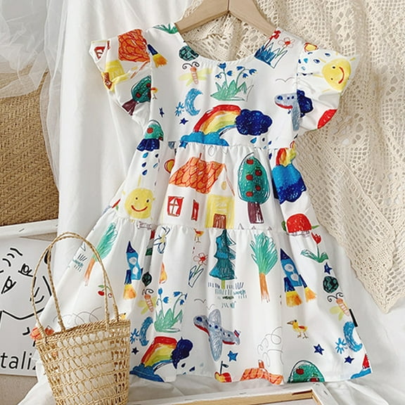 Gyratedream Summer Toddler kids Girls Puff Sleeve Rainbow Princess Dress Sundress