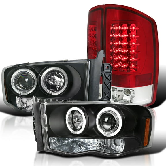 Spec-D Tuning Black Halo Projector Headlights   Red LED Tail Lights Brake Lamps Compatible with 2002-2005 Dodge Ram Left   Right Pair Headlamps Assembly