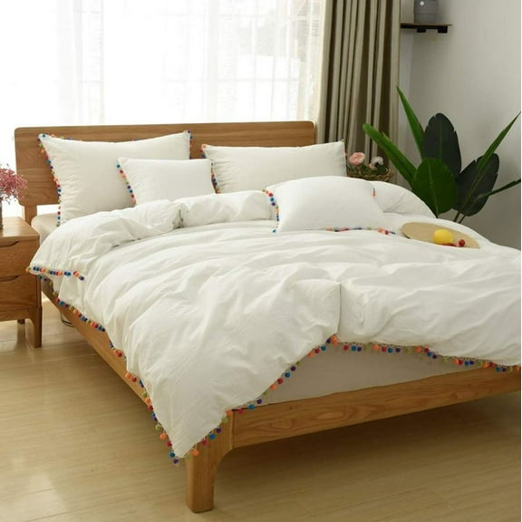 Pavish Export 3 Piece 5 Color Pom Pom Duvet Cover In White 100%Cotton Tassel Bedding Set Cover With Pillowcase Soft Bedding Duvet Cover Set Twin