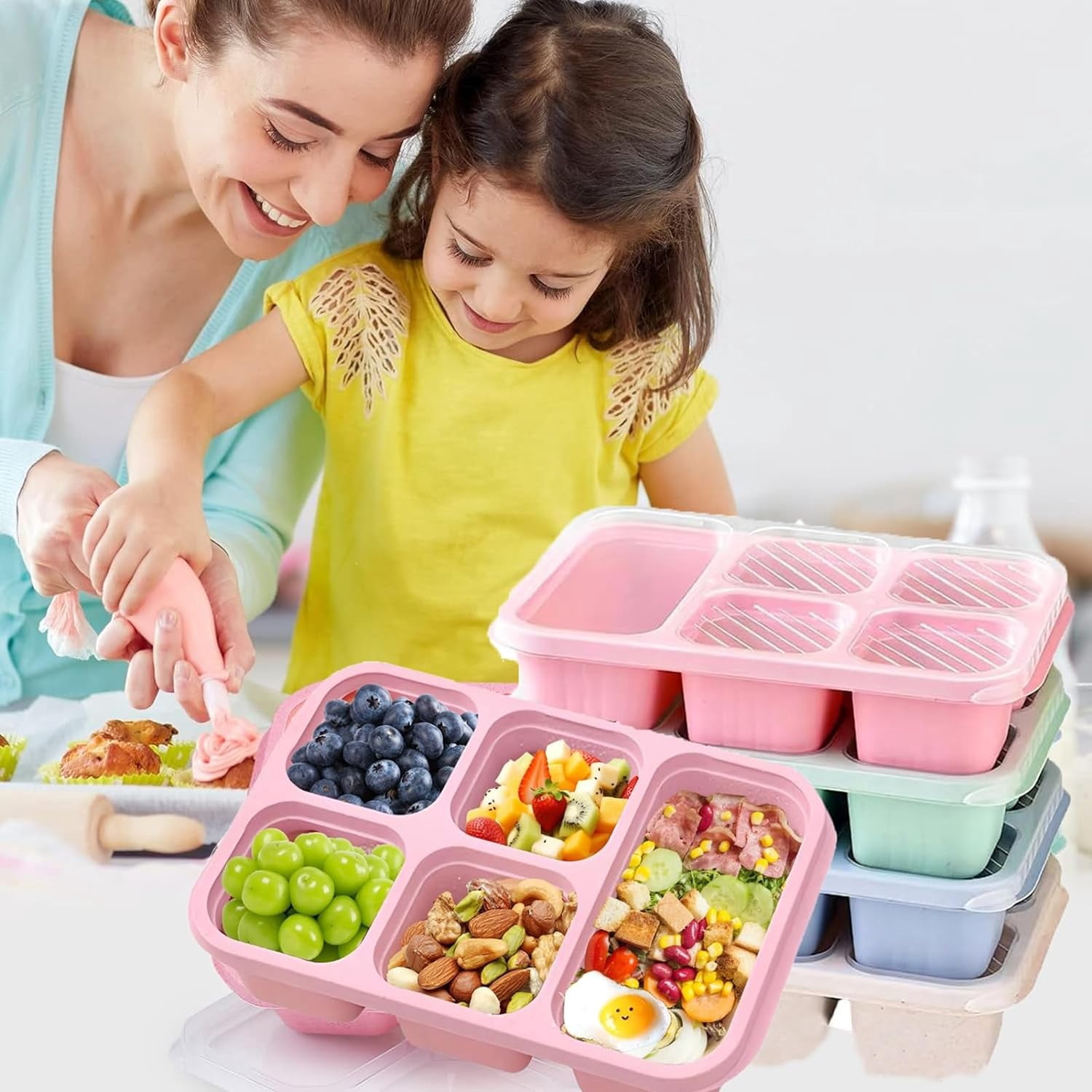 PandaTop Bento Snack Boxes - Reusable 5-Compartment Food Containers for Kids/Toddle/Adults,Divided Snack Containers for School, Work and Travel, Set of 4 Plastic Food Storage Containers